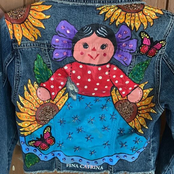 Fina Catrina custom hand painted sequin distressed jean jacket - Picture 6 of 13